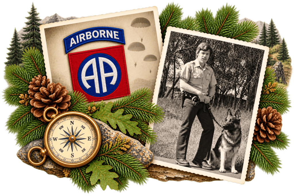 82nd Airborne and Ranger Dan with Danko - The Adventures of Flapjack 82nd Airborne patch and compass alongside a photo of Ranger Dan with his K-9 partner, Danko.
