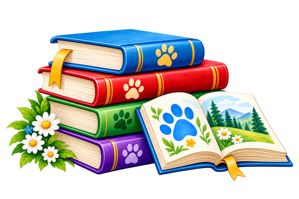 Colorful Paw-Print Storybook Stack - The Adventures of Flapjack A stack of brightly colored books, each with a paw print stamped on its side, with an open book resting at the base showing a large blue paw print on the left page and a forest meadow on the right.