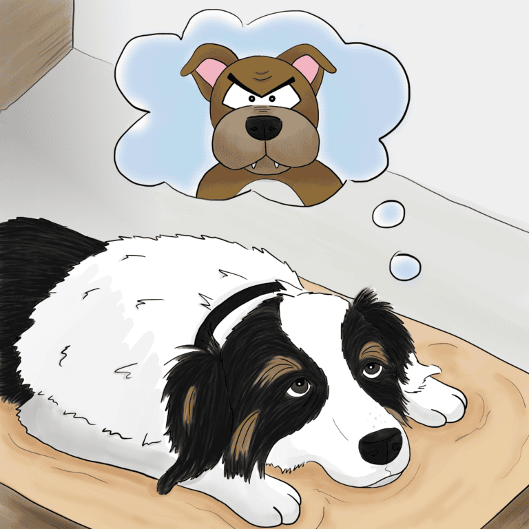 Flapjack looks worried as he rests on his bed, with a thought cloud above him showing his nemesis, PitBully.