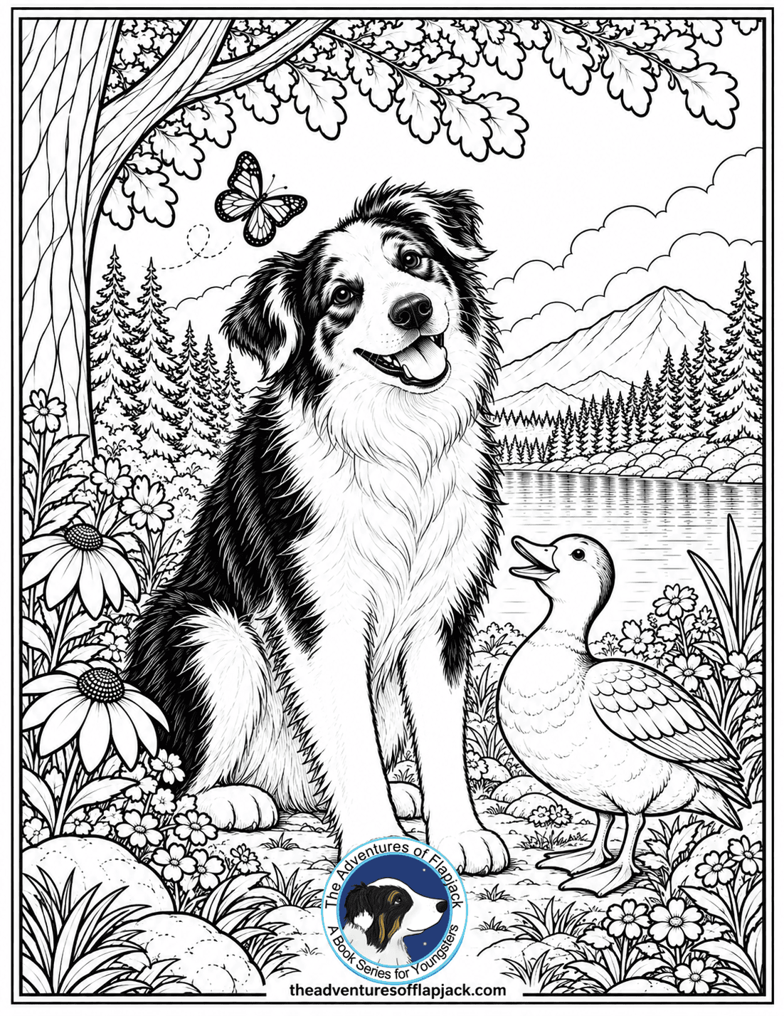 Flapjack and Fowler by the Lake - The Adventures of Flapjack Black-and-white drawing of Flapjack sitting and smiling beside a lake in the woods as Fowler stands at his side looking up at him. and a butterfly hovers overhead.