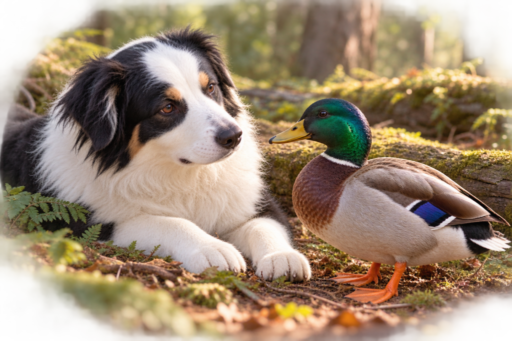 Flapjack at the beginning of his Woodland Friendship - The Adventures of Flapjack Flapjack and his mallard duck friend Fowler take a quiet moment to ponder life's mysteries together while out in the woods.