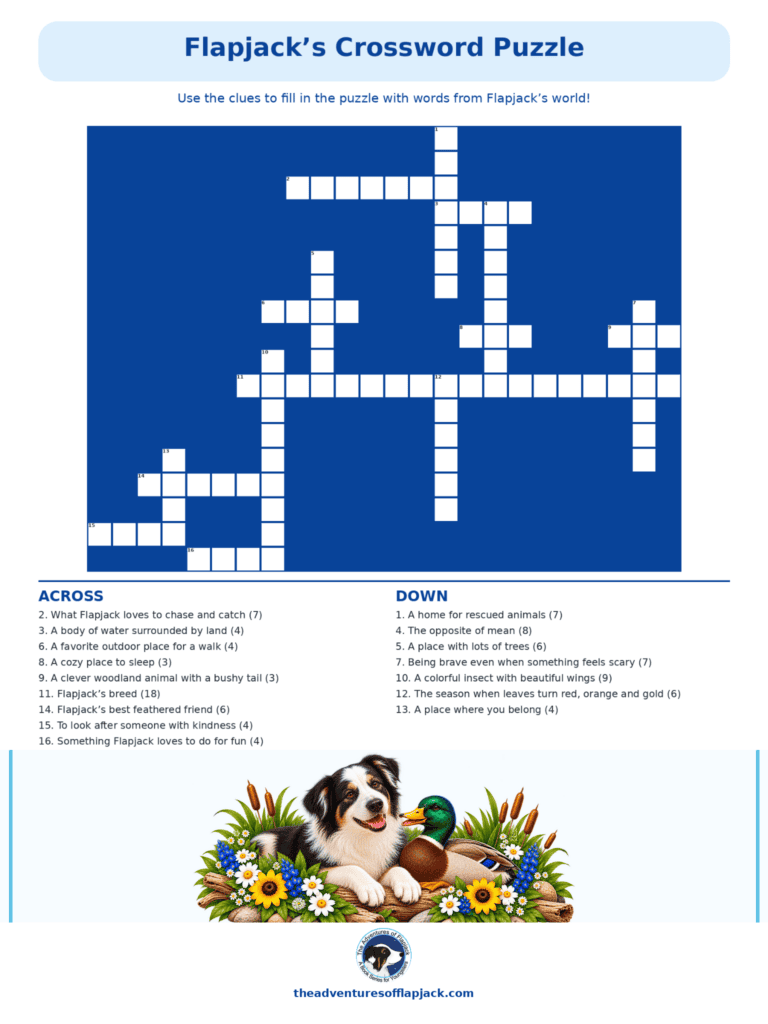Flapjack's Crossword Puzzle - The Adventures of Flapjack Flapjack's Crossword Puzzle with white squares on a deep blue background and an image of Flapjack and Fowler resting together among flowers and cattails.