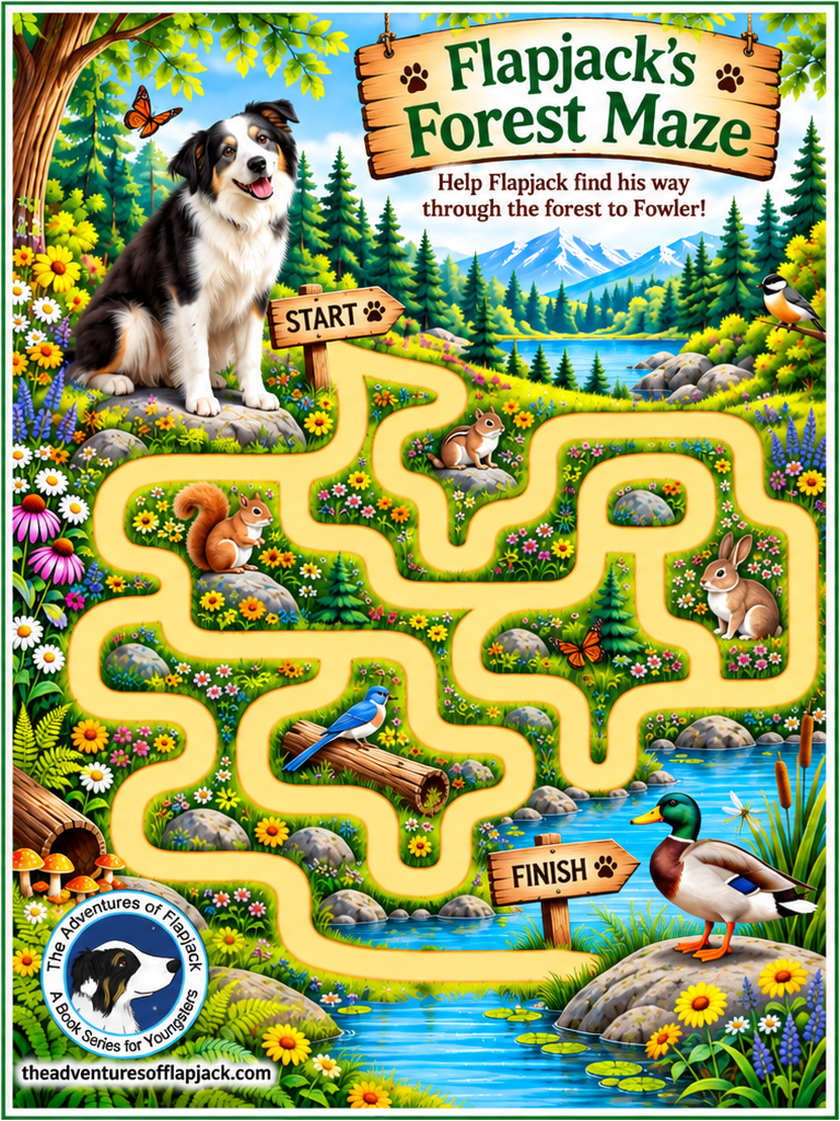 Flapjack’s Forest Maze - The Adventures of Flapjack Flapjack's Forest Maze puzzle set over a colorful woodland scene featuring Flapjack, Fowler and several of their animal friends.