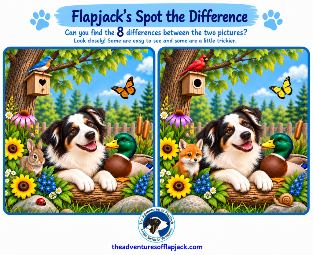 Flapjacks-Garden-Spot-the-Difference - The Adventures of Flapjack Flapjack's Spot the Difference puzzle set over a colorful woodland scene featuring Flapjack, Fowler and several of their animal friends.