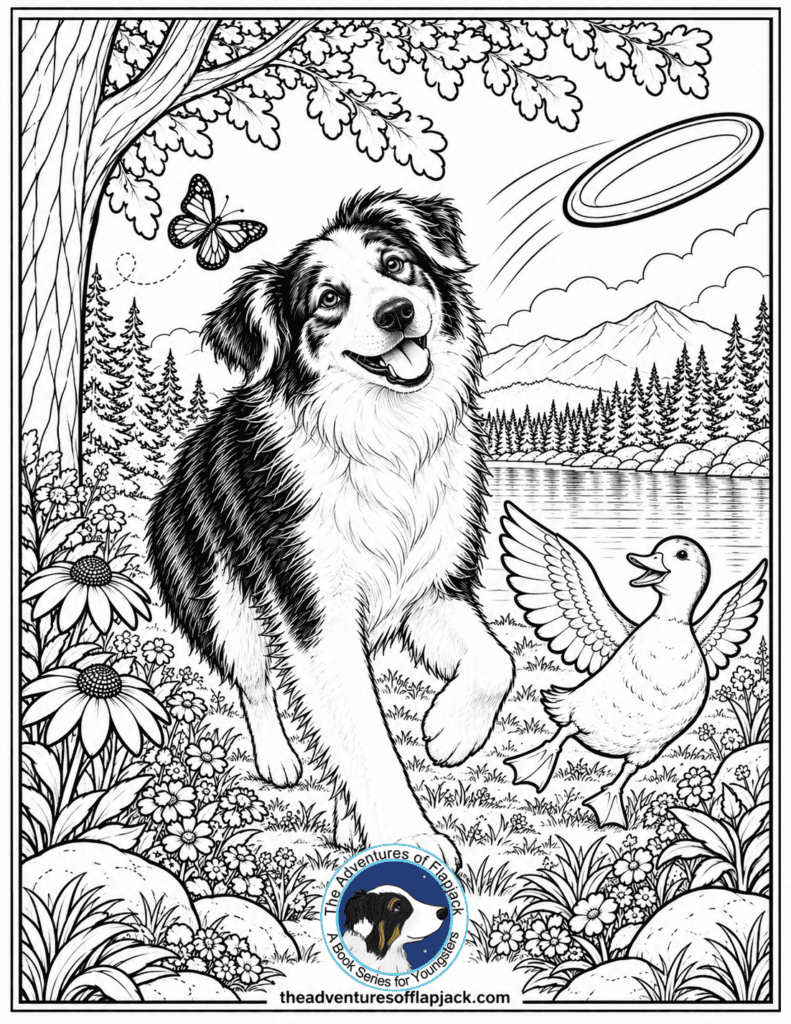 Flapjack's Lakeside Frisbee Adventure - The Adventures of Flapjack Black-and-white drawing of Flapjack and Fowler having fun chasing a frisbee beside a lake in the woods while a butterfly hovers overhead.