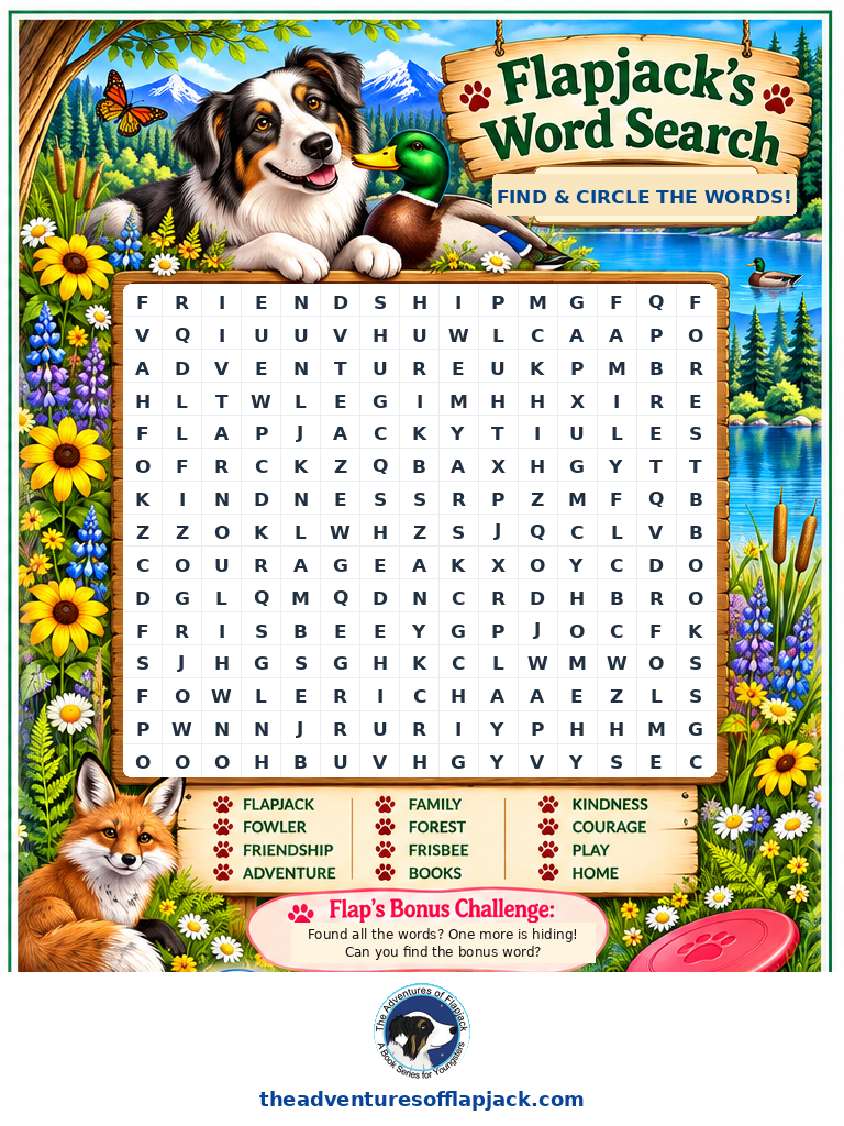 Flapjack's Word Search - The Adventures of Flapjack Flapjack Word Search puzzle set over a colorful woodland scene featuring Flapjack, Fowler and their fox friend.