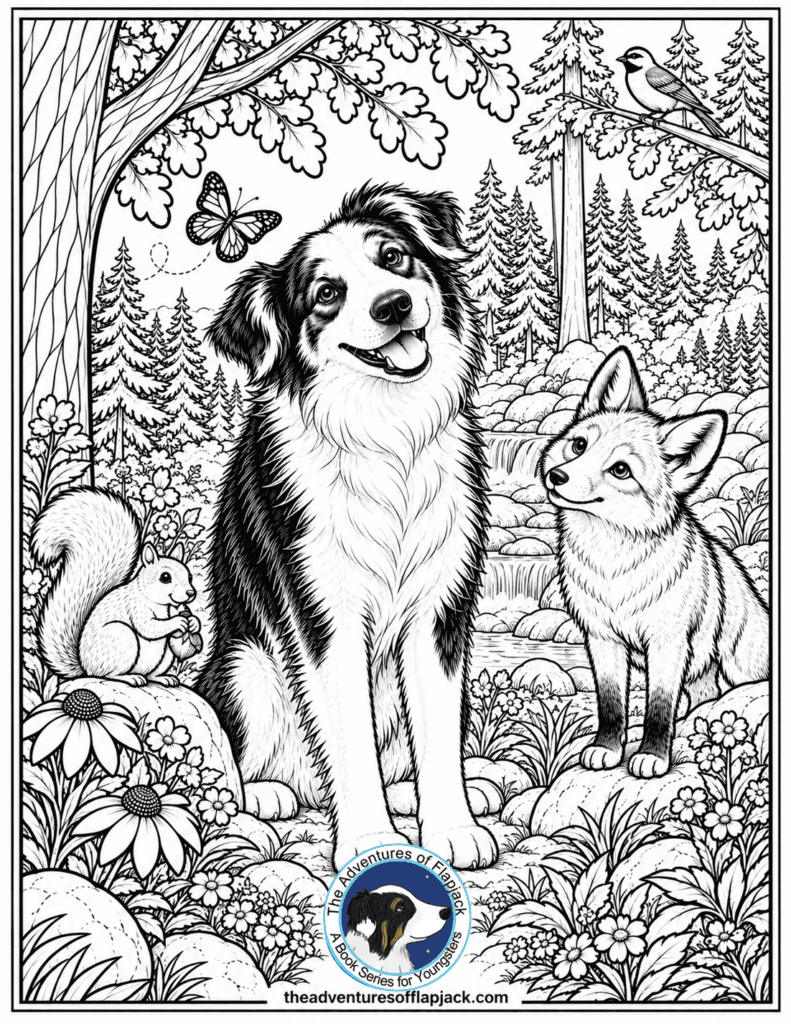 Forest Friends Coloring Page - The Adventures of Flapjack Black-and-white drawing of Flapjack sitting and smiling in the woods surrounded by his friends the fox, the squirrel and the bird, and the butterfly.