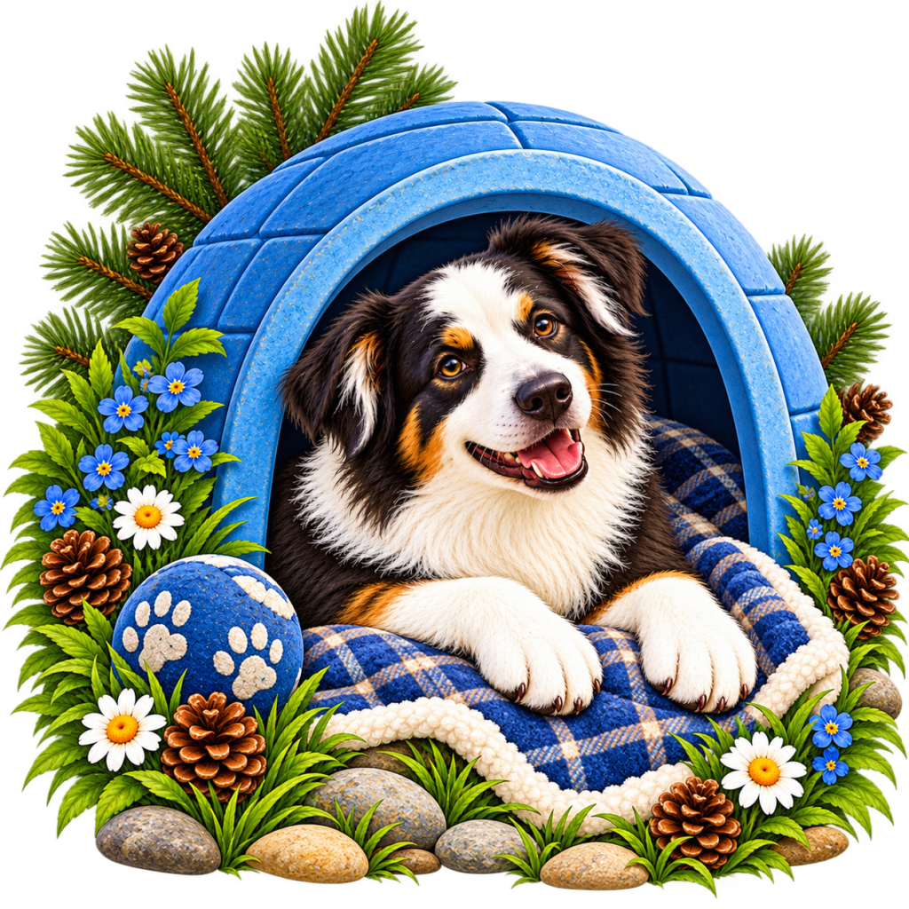 Happy Dog in Blue Igloo Haven - The Adventures of Flapjack Flapjack relaxing inside his blue dogloo.