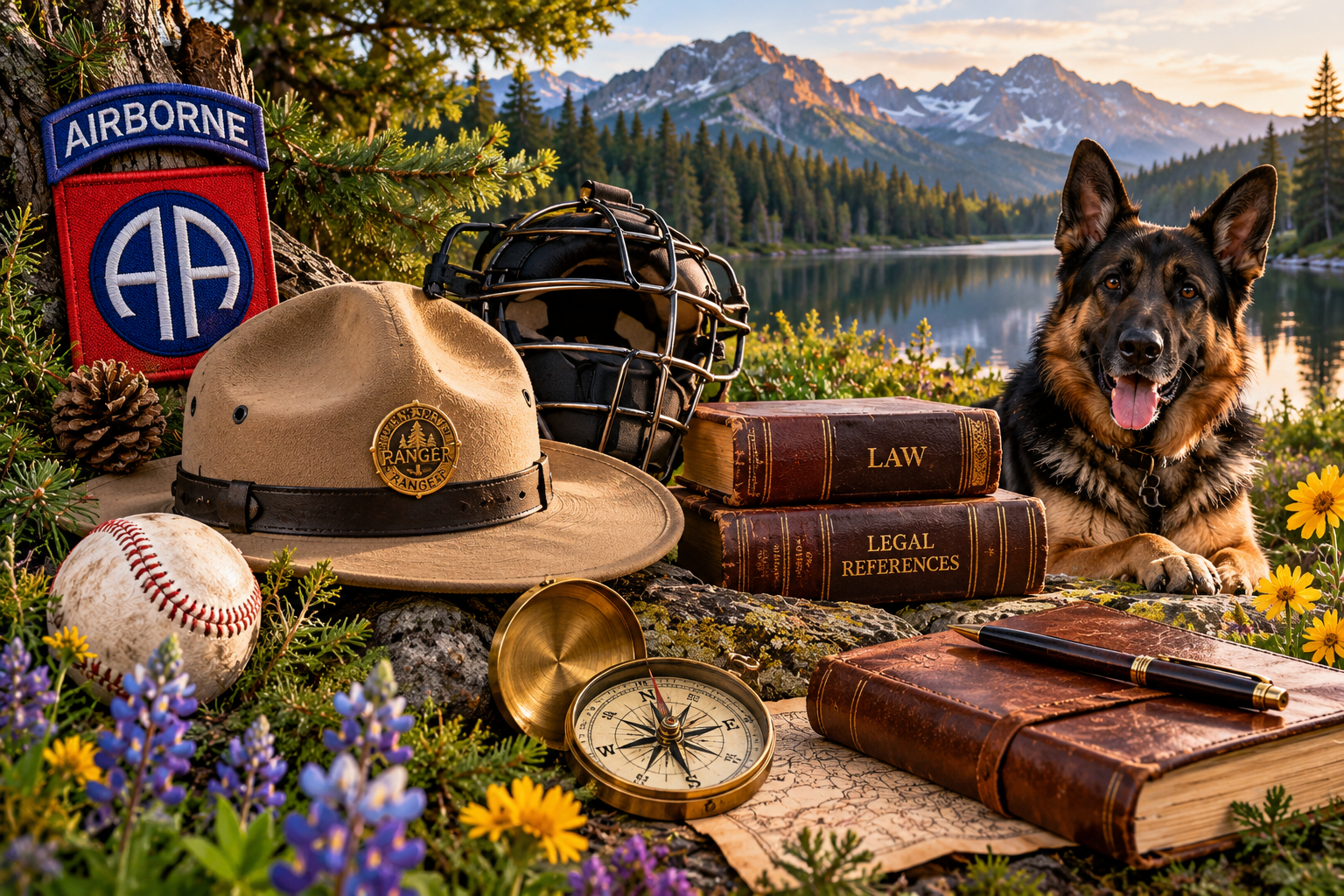 Legacy by the Mountain Lake - The Adventures of Flapjack Collage representing Dan Cohen's life, including an 82nd Airborne patch, Park Ranger hat, baseball and catcher's mask, law books, compass, book and pen, and his K-9 partner Danko, set against an outdoor landscape.
