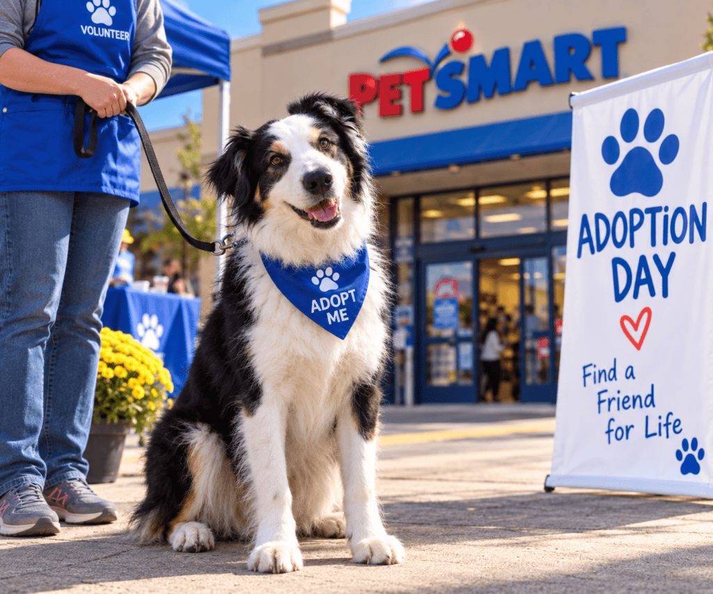 Pet Adoption Day at PetSmart - The Adventures of Flapjack Flapjack sitting next to his handler outside of PetSmart on Adoption Day