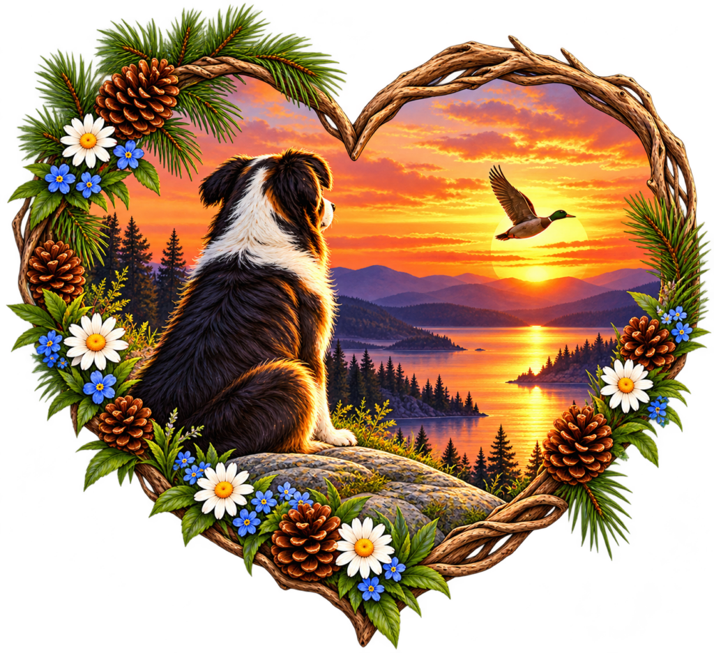 Sunset Lake Heart Wreath with Dog and Duck - The Adventures of Flapjack A heart wreath made of flowers, pine cones and interwoven branches encompasses the image of Flapjack watching over a lake and mountains while Fowler's body in flight is silhouetted against the setting sun.