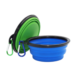 Two SLSON collapsible travel bowls in green and blue with carabiners attached to their rims.