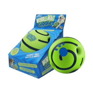 Green Wobble Wag Giggle Ball decorated with a black swirl and blue paw print.